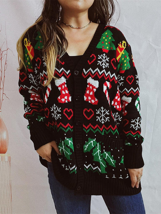 Printed Button Up V-Neck Long Sleeve Cardigan with Pockets Carauana Store