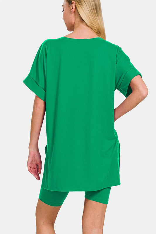 Zenana V-Neck Short Sleeve T-Shirt and Biker Shorts Set Carauana Store